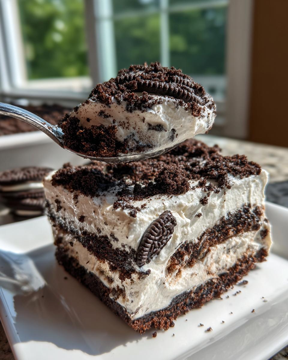 A spoonful of creamy Oreo dirt cake being lifted above a square serving topped with crushed cookies.