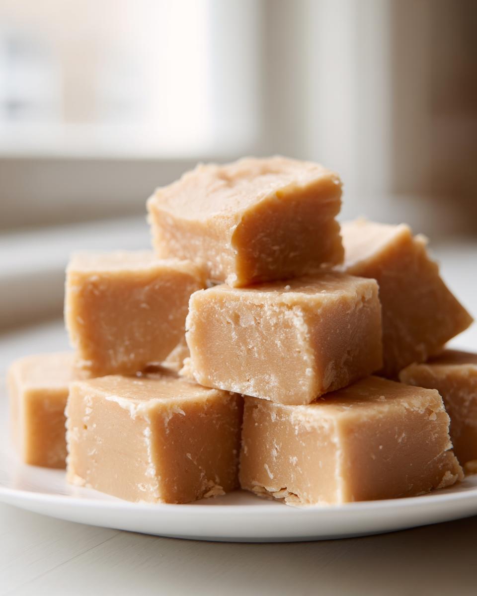 A close-up stack of creamy, light brown peanut butter fudge recipe squares piled on a white plate.