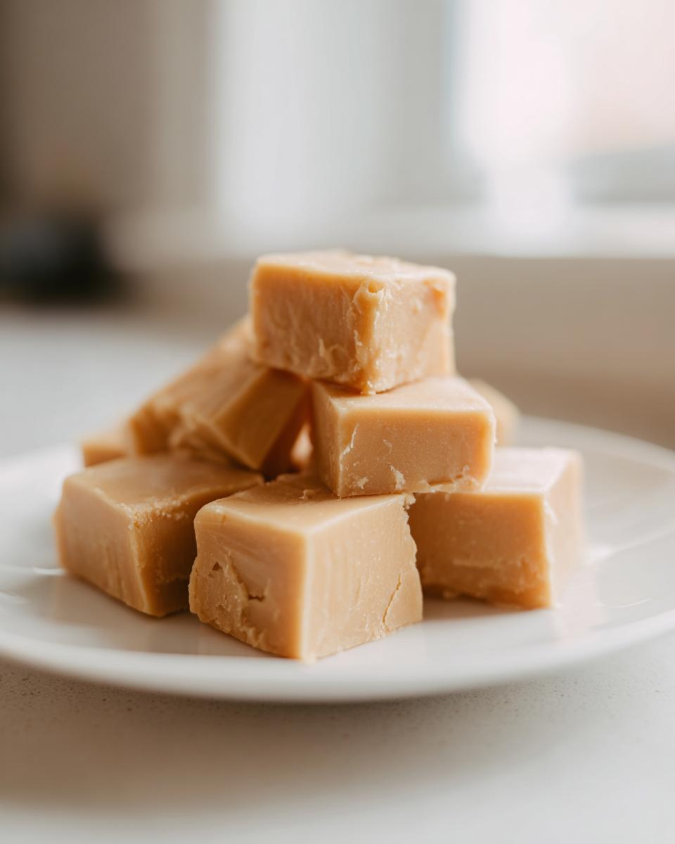 A stack of creamy, light brown squares of peanut butter fudge recipe served on a white plate.