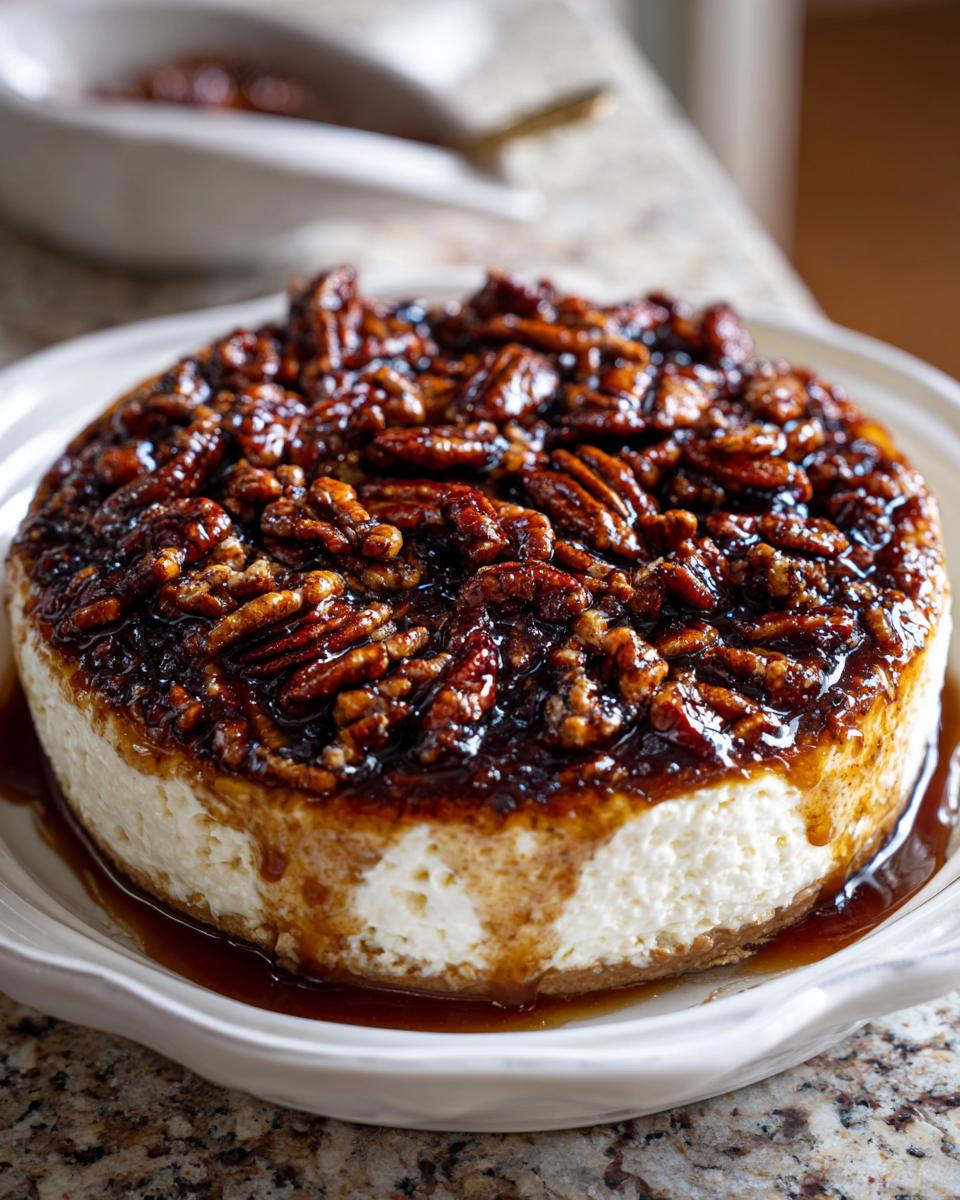 A round, creamy dessert, likely a cheesecake or dip, covered generously with sticky, glazed pecans, resembling pecan pie dip.