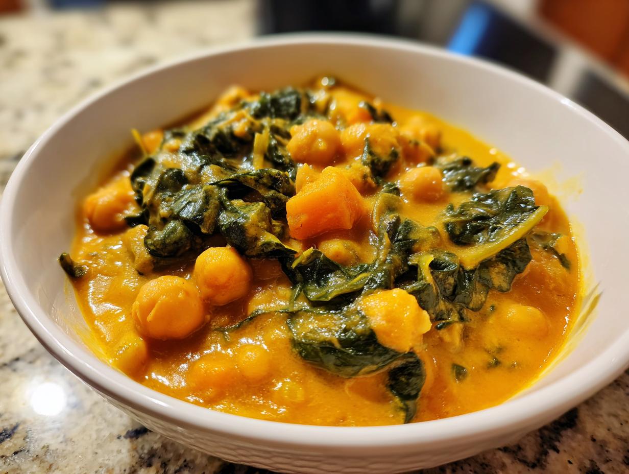 Close-up of a creamy, vibrant orange pumpkin curry with chickpeas and dark green spinach served in a white bowl.