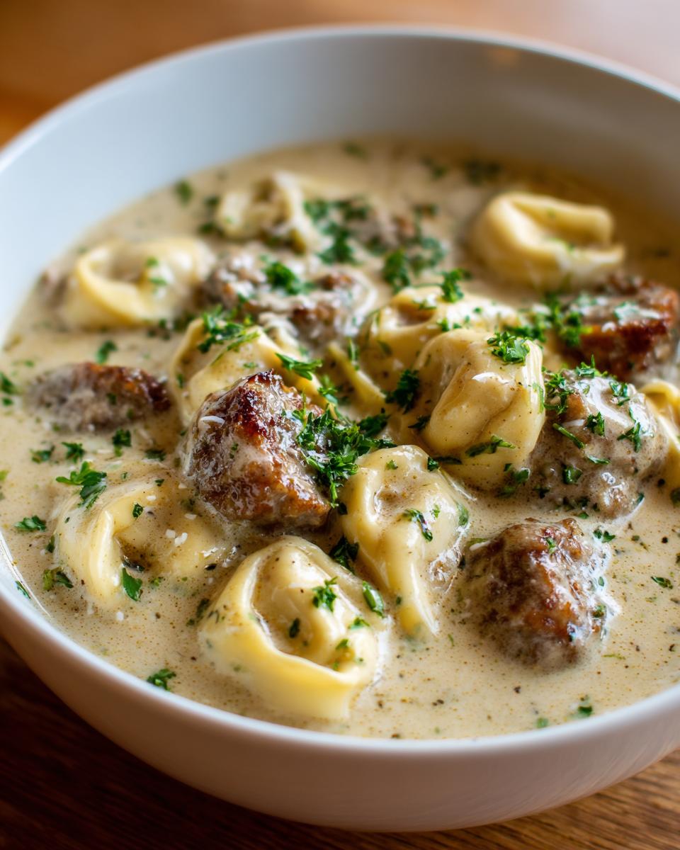 Close-up of a white bowl filled with creamy tortellini soup featuring sausage meatballs and fresh parsley.