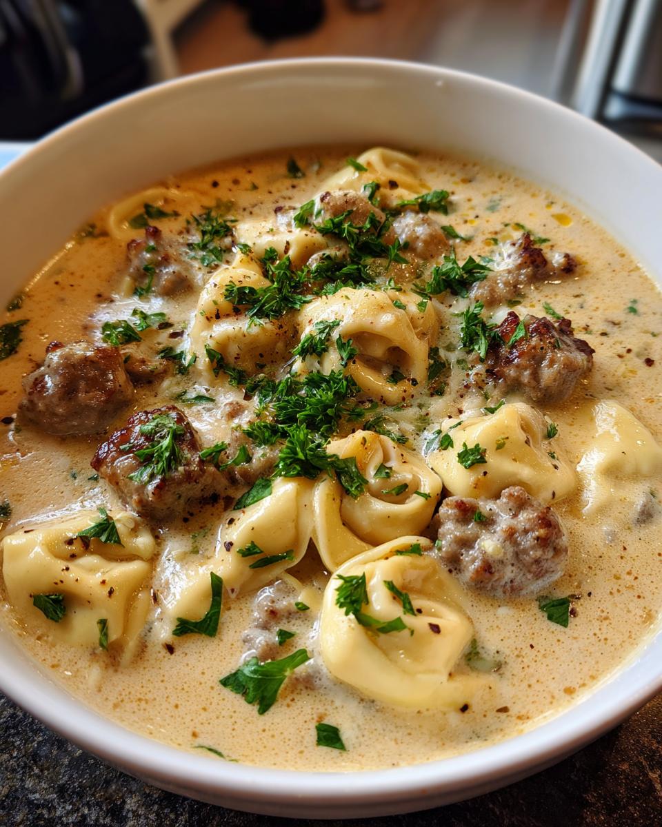 Close-up of a rich, creamy tortellini soup featuring cheese tortellini, browned sausage pieces, and fresh parsley garnish.