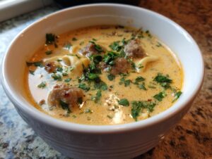 Close-up of a creamy, orange-hued tortellini soup featuring sausage meatballs and fresh parsley.