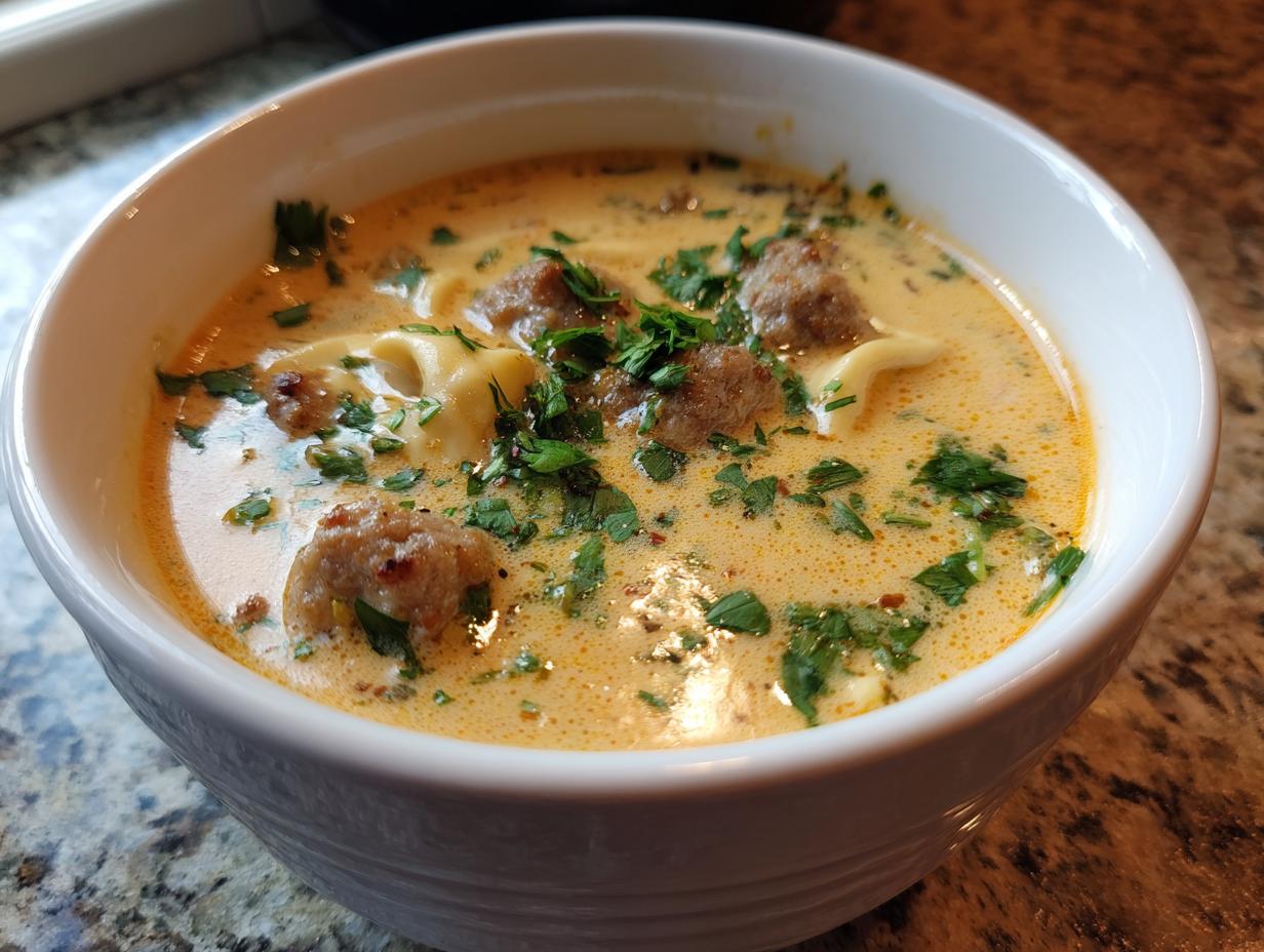 Close-up of a creamy, orange-hued tortellini soup featuring sausage meatballs and fresh parsley.