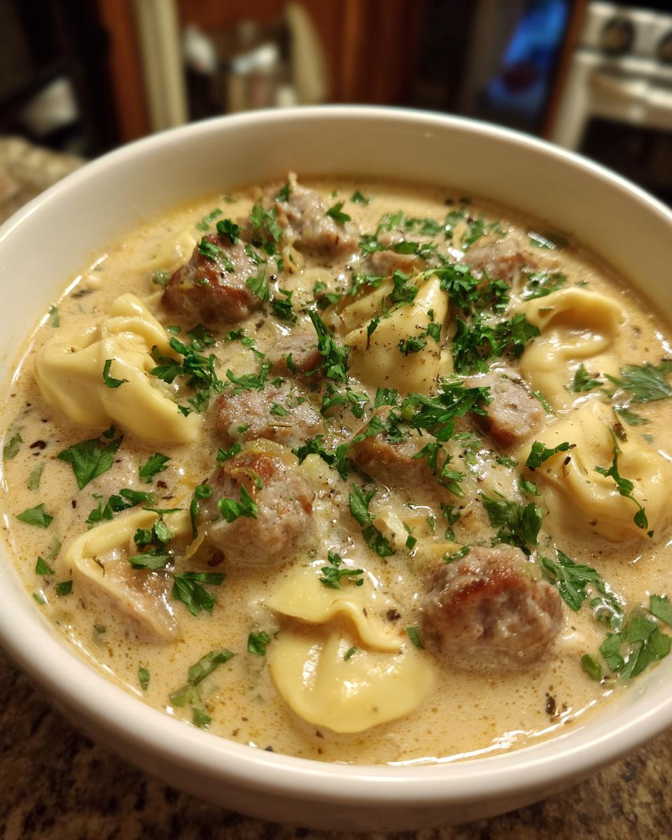 A close-up view of a rich, creamy tortellini soup filled with sausage pieces and topped with fresh parsley.