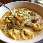 A spoonful of creamy tortellini soup lifted from a bowl, showing tortellini and sausage pieces garnished with parsley.