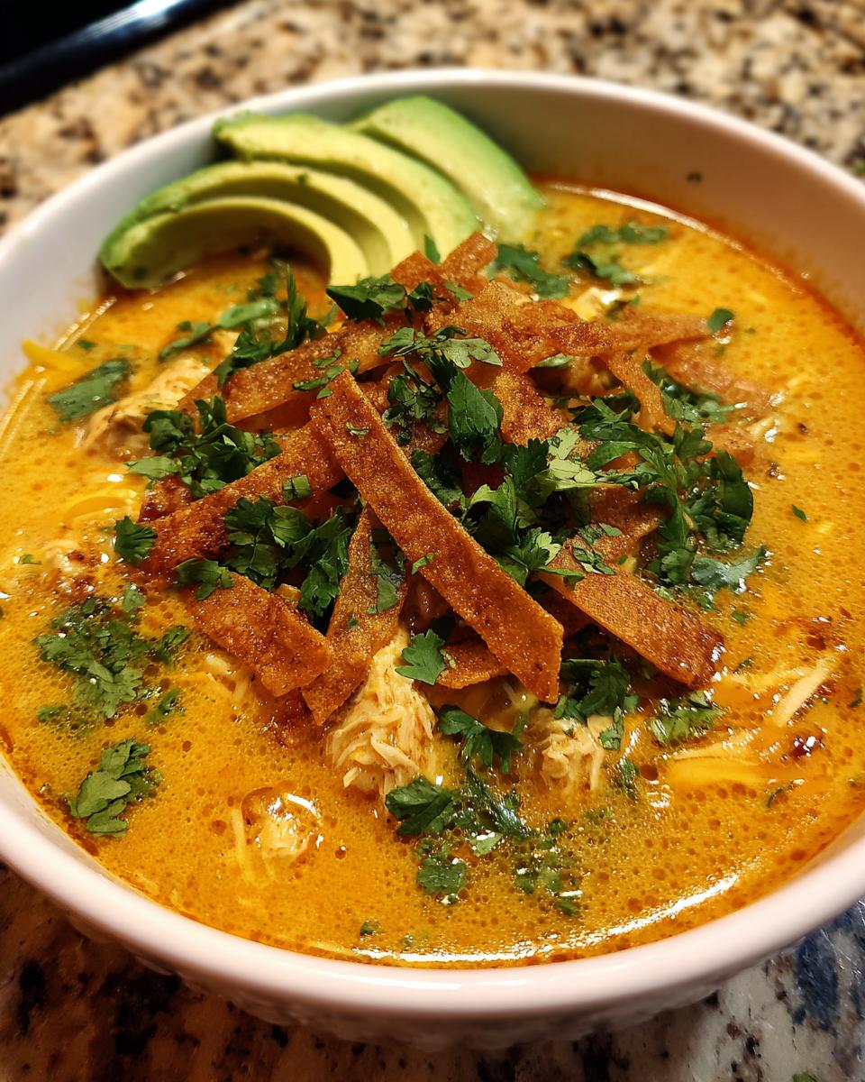 Close-up of a bowl of creamy, orange-hued tortilla soup recipe topped with crispy tortilla strips, cilantro, and sliced avocado.