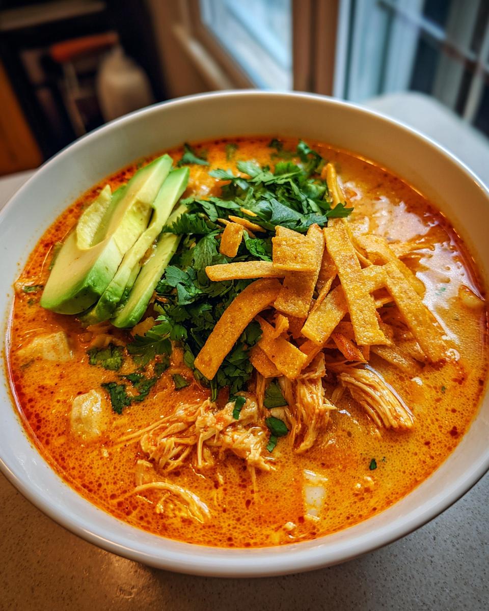 A vibrant bowl of creamy chicken tortilla soup recipe, garnished with sliced avocado, cilantro, and crispy tortilla strips.