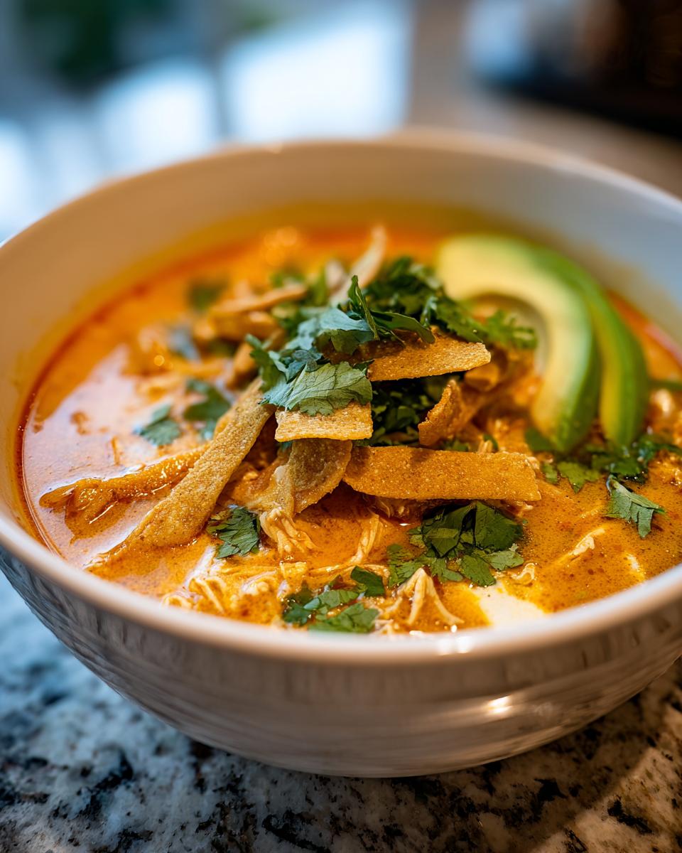 Close-up of a bowl of creamy, orange-hued tortilla soup recipe topped with crispy tortilla strips, cilantro, and avocado.