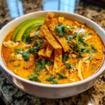 A close-up of a rich, creamy tortilla soup recipe bowl garnished with crispy tortilla strips, fresh cilantro, and avocado slices.