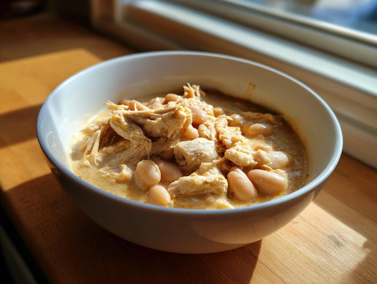 A bowl of creamy white chicken and beans stew served in a white bowl on a wooden surface.