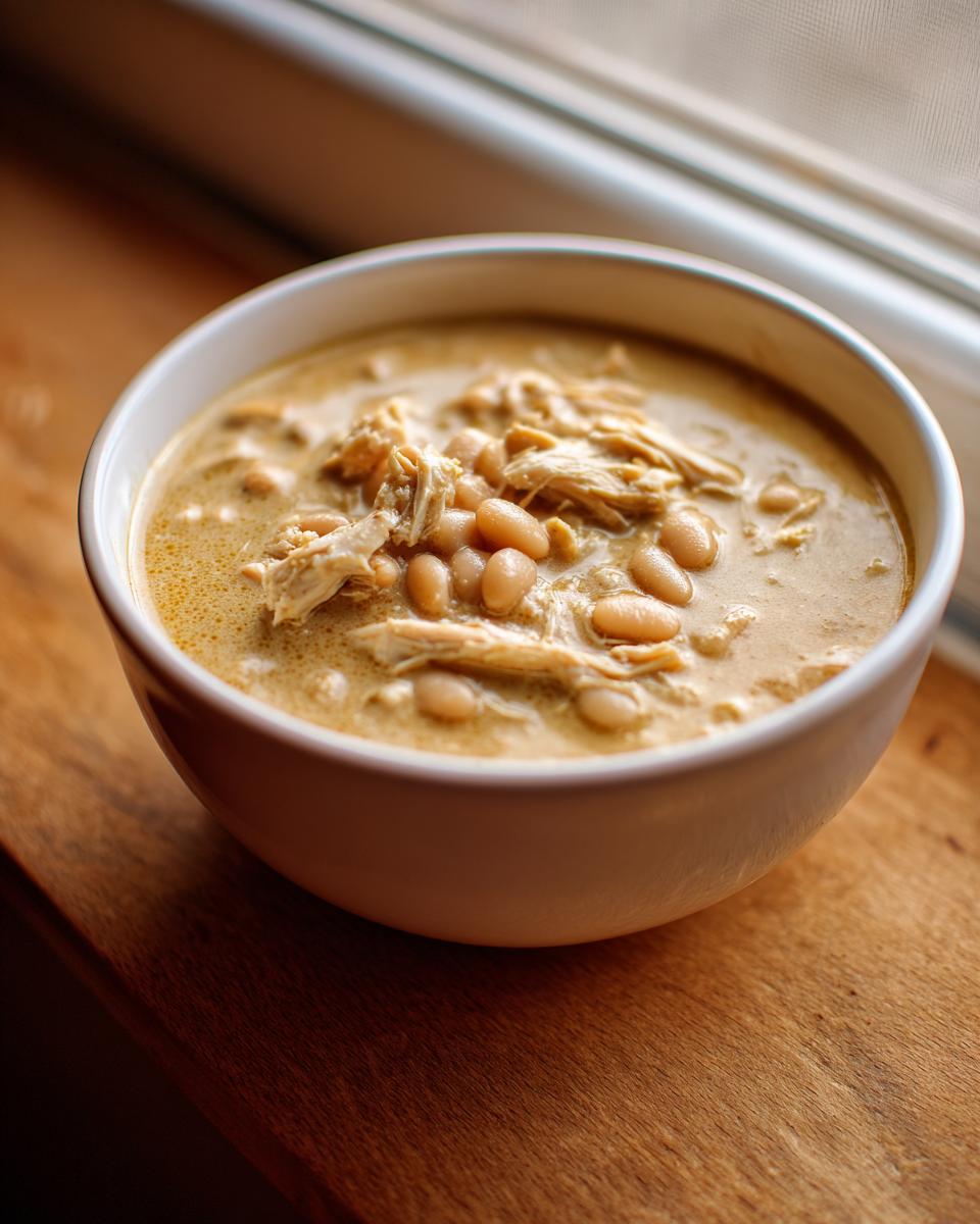 A close-up of a bowl filled with creamy white chicken and beans soup, sitting on a wooden surface near a window.