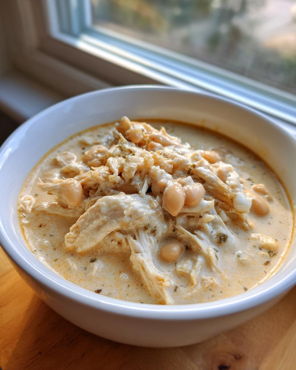 Close-up of a bowl filled with creamy white chicken and beans stew, set near a window.