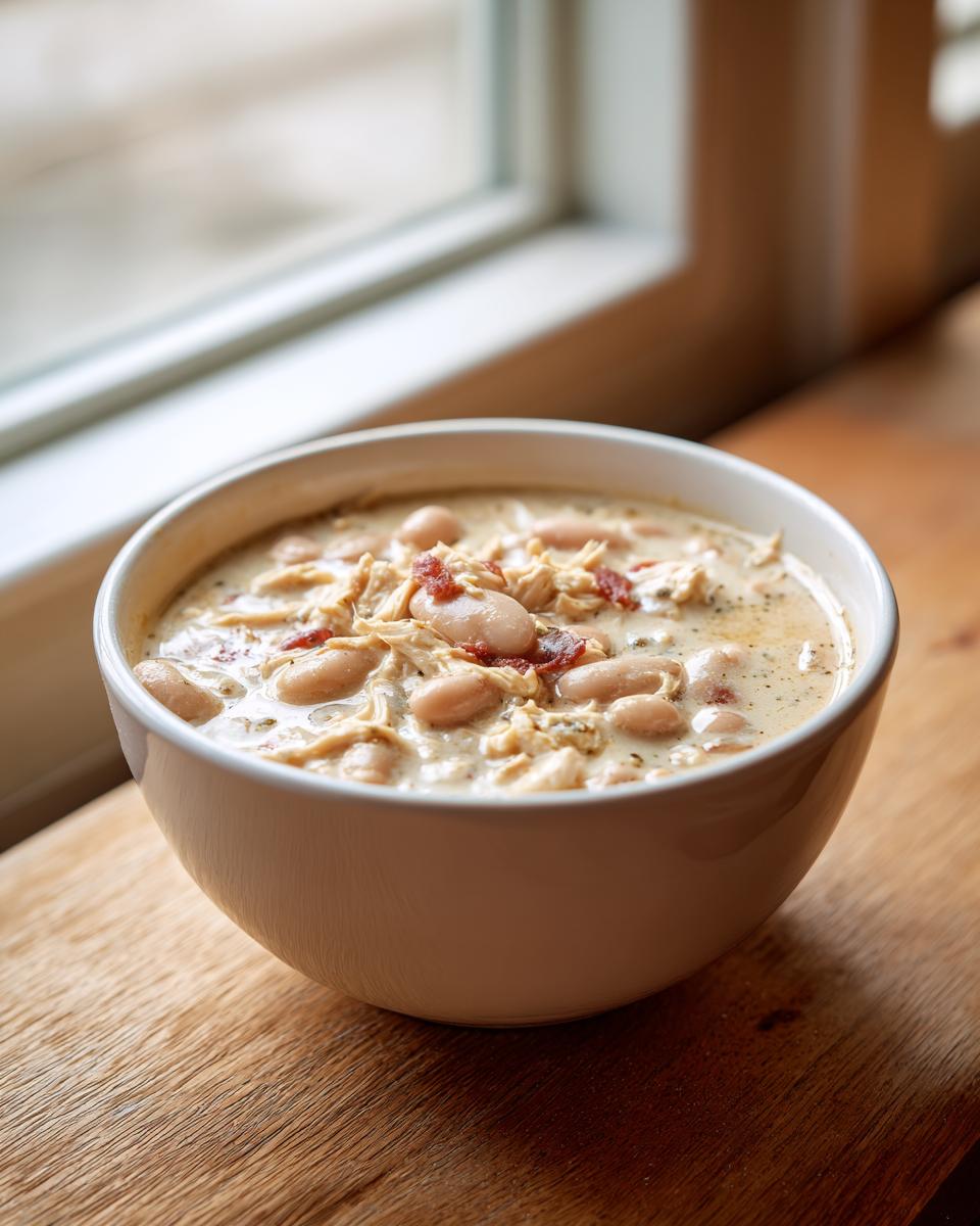 A close-up of a bowl of creamy white chicken chili featuring shredded white chicken, cannellini beans, and bacon bits.