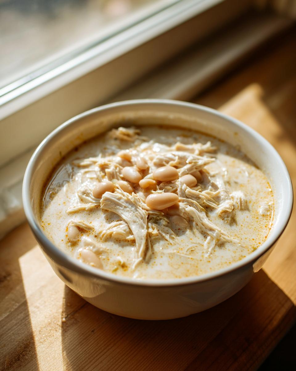 A comforting bowl of creamy white chicken soup topped with shredded white chicken and cannellini beans.