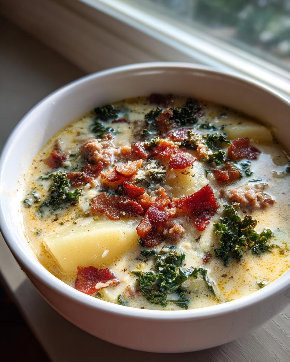 Close-up of a bowl of creamy Zuppa Toscana soup topped with crispy bacon, sausage, and kale.