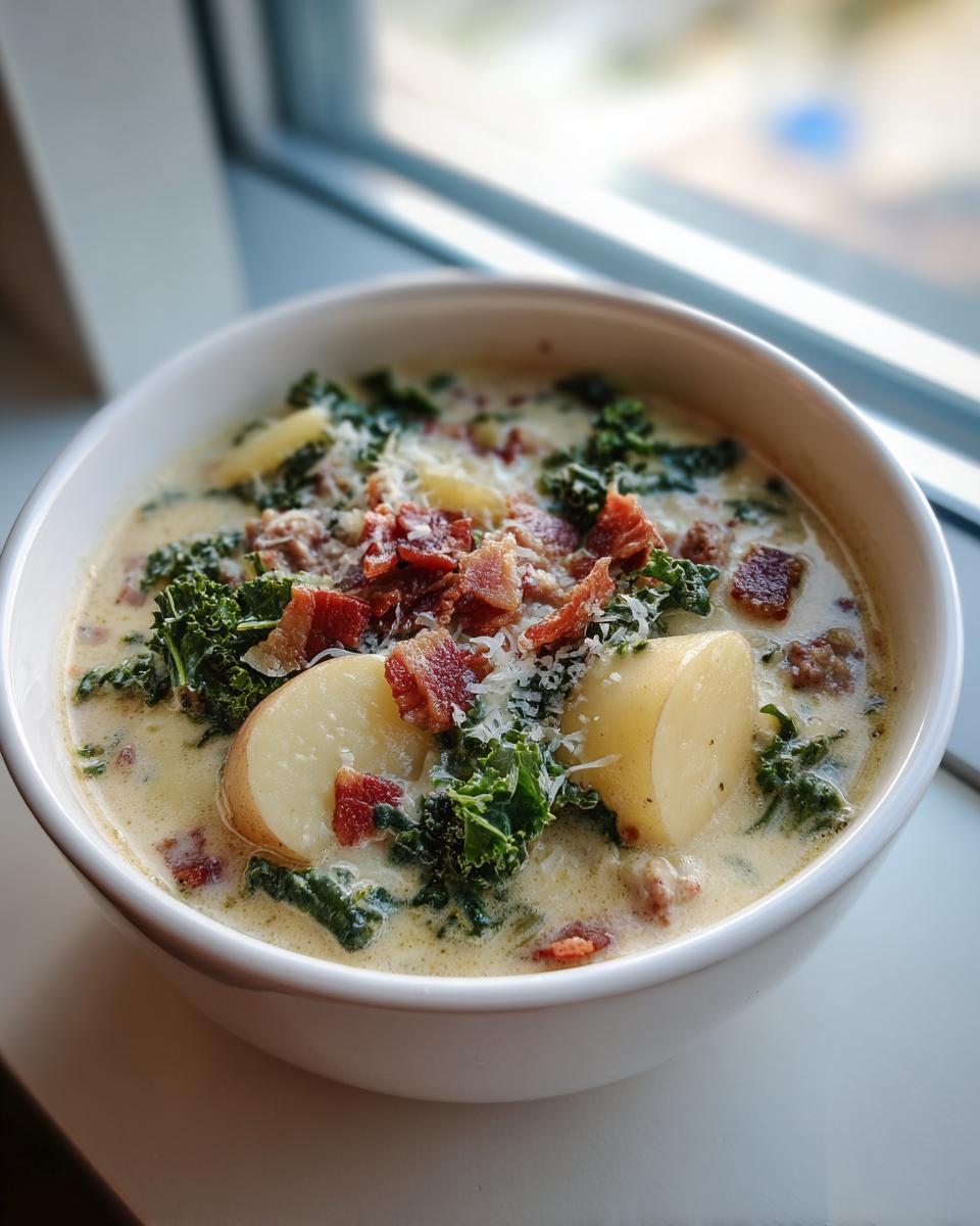A close-up of a white bowl filled with creamy Zuppa Toscana soup, topped with kale, potatoes, bacon, and Parmesan cheese.