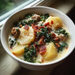 Close-up of a creamy bowl of Zuppa Toscana soup featuring potatoes, sausage, kale, and bacon crumbles.