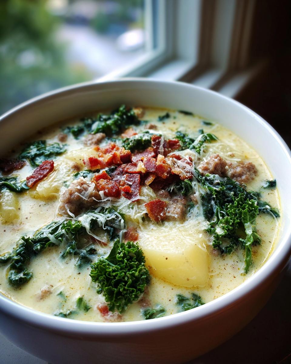 A close-up of a bowl of creamy Zuppa Toscana soup topped with sausage, kale, bacon bits, and Parmesan cheese.