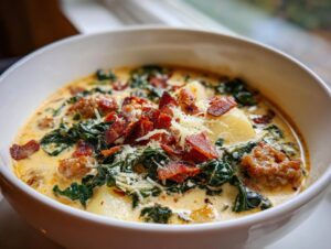 A close-up of a white bowl filled with rich Zuppa Toscana soup, topped with bacon, sausage, and Parmesan cheese.