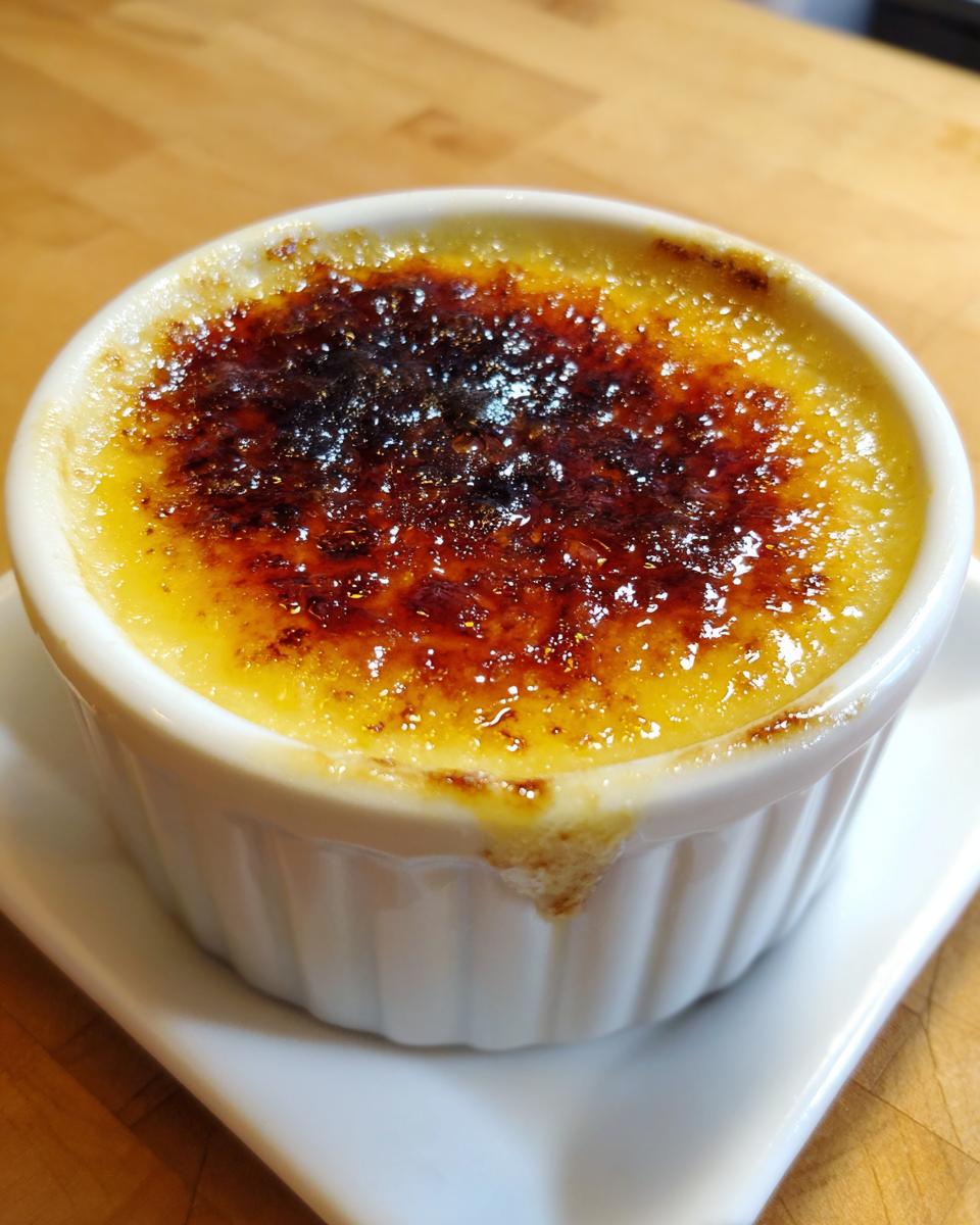 Close-up of a freshly made creme brulee with a dark, glossy, caramelized sugar crust.
