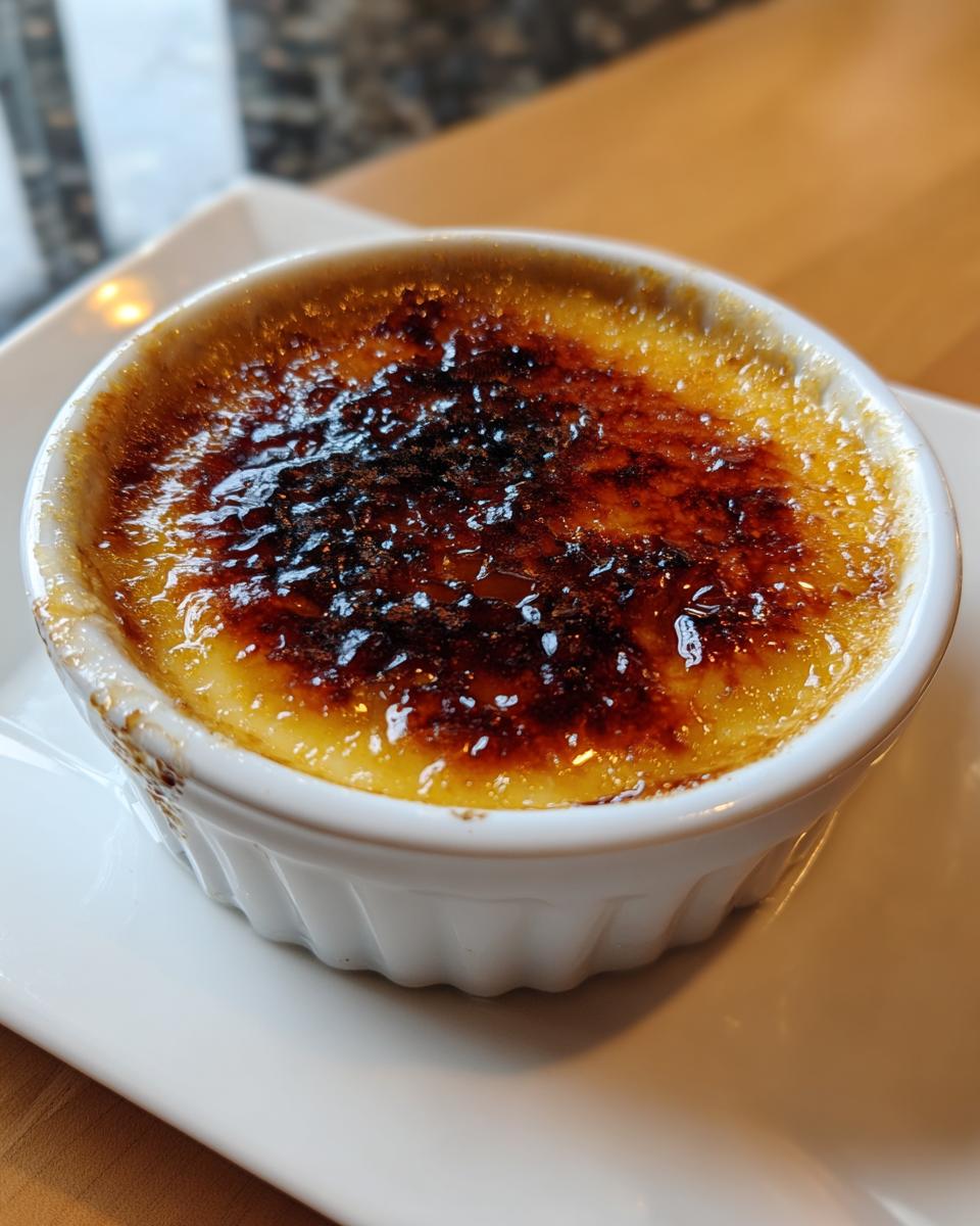 Close-up of a classic creme brulee with a dark, caramelized sugar crust in a white fluted ramekin.