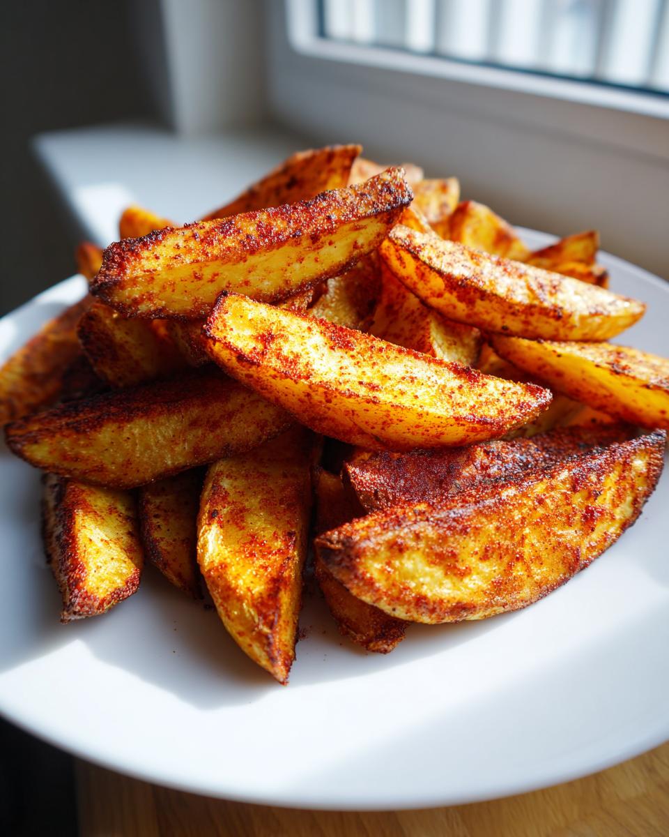 A close-up of a white plate piled high with golden, seasoned air fryer potato wedges.