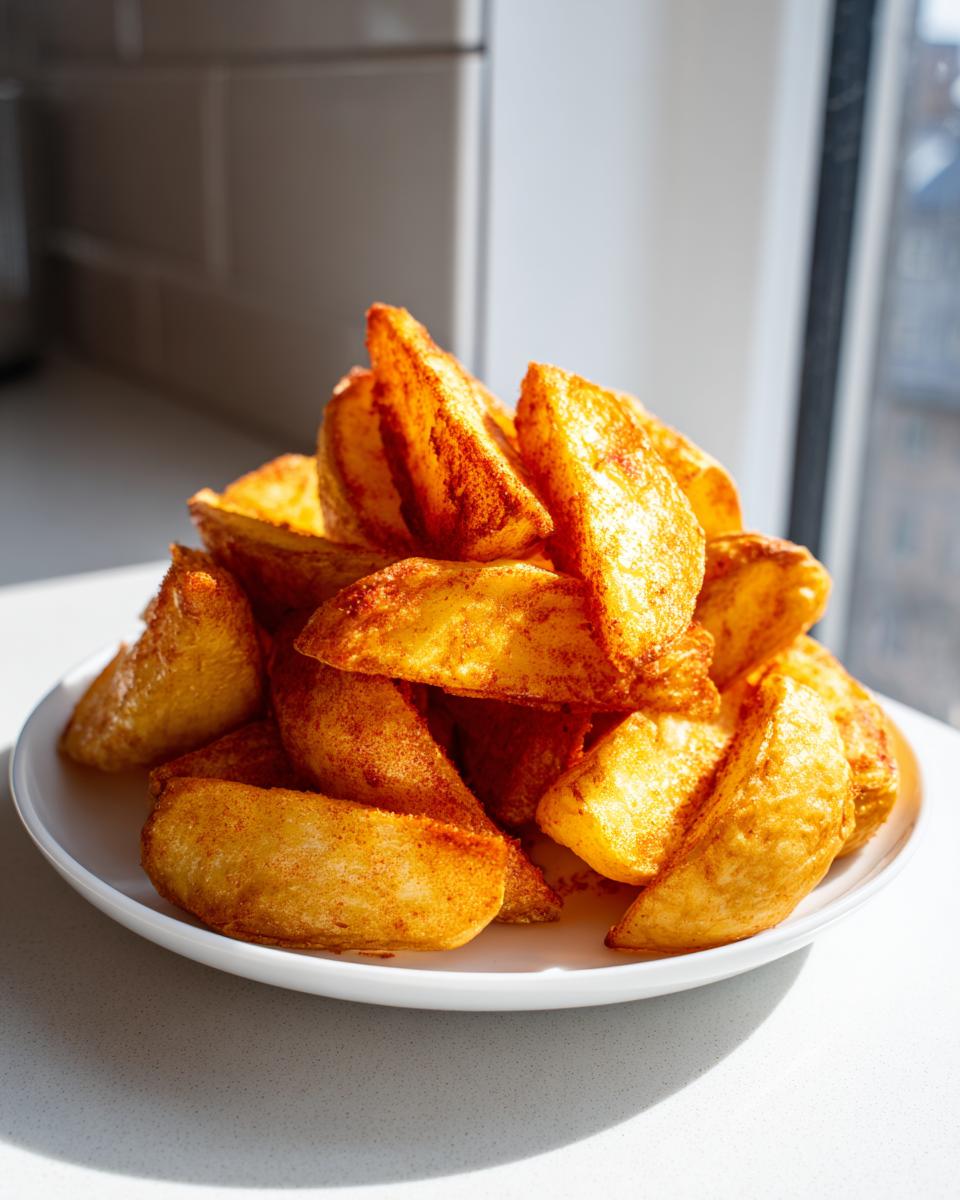 A high pile of golden, seasoned air fryer potato wedges served on a white plate near a window.