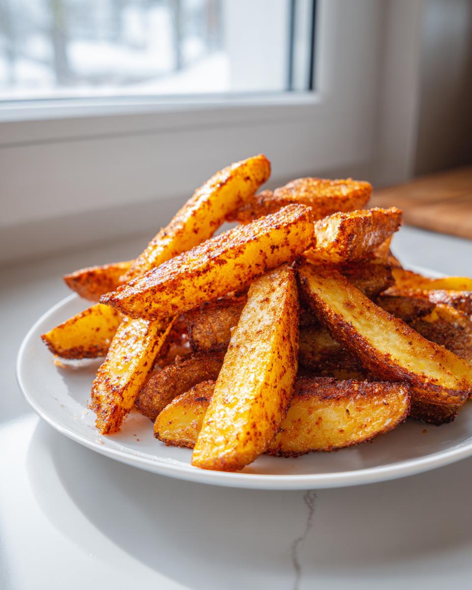 A close-up of a pile of perfectly seasoned and crispy air fryer potato wedges served on a white plate indoors.