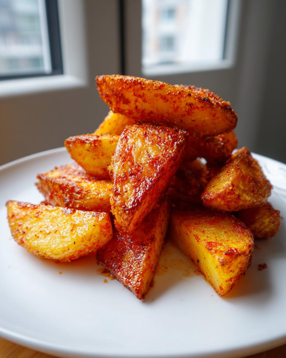 A pile of golden, seasoned air fryer potato wedges stacked on a white plate, showing a crispy, reddish spice coating.
