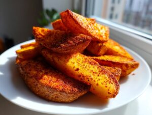 A close-up stack of golden, seasoned air fryer potato wedges piled high on a white plate near a window.