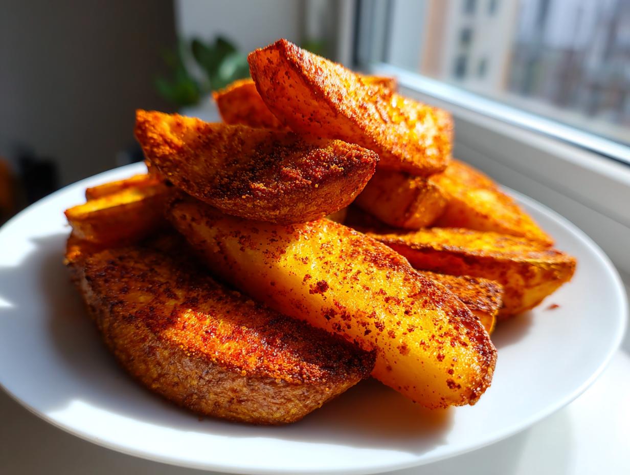 A close-up stack of golden, seasoned air fryer potato wedges piled high on a white plate near a window.