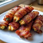 A close-up of several crispy, baked Bacon-Wrapped Jalapeño Poppers piled on a white plate.