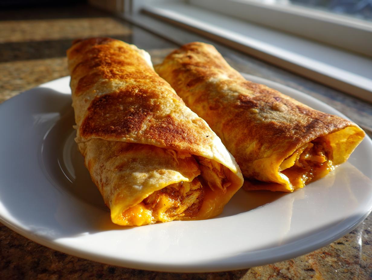 Two golden brown, crispy Baked Chicken Chimichangas served on a white plate, showing the shredded chicken filling.