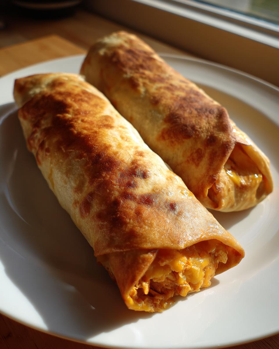 Two golden brown, crispy Baked Chicken Chimichangas filled with shredded chicken and cheese, served on a white plate.