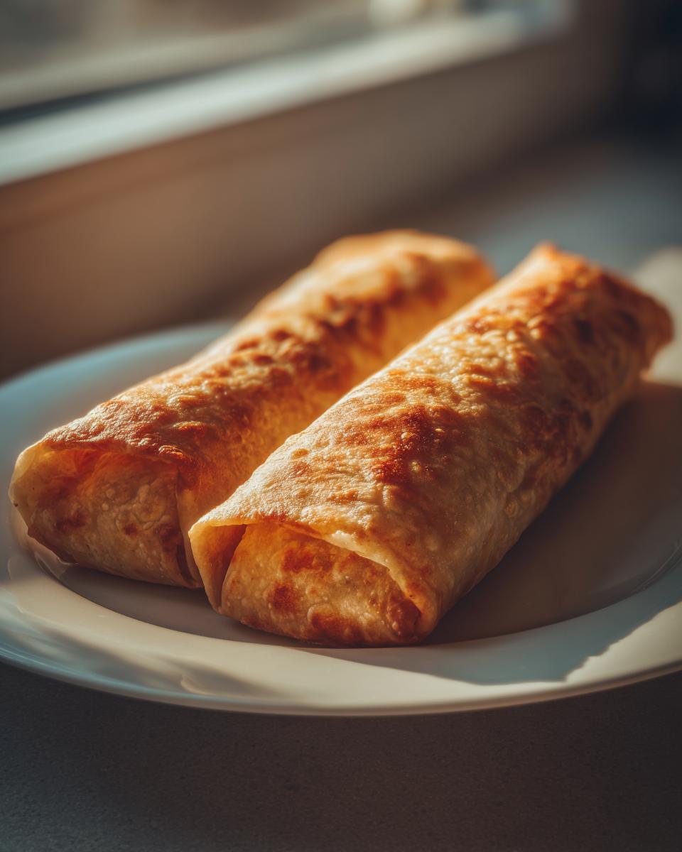 Two golden brown, crispy Baked Chicken Chimichangas resting on a white plate, highlighted by dramatic sunlight.