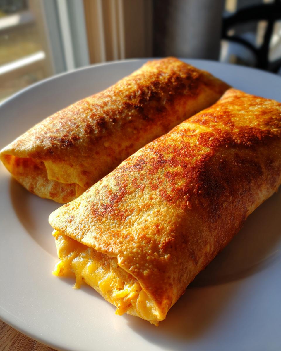 Two golden brown, crispy Baked Chicken Chimichangas resting on a white plate, illuminated by sunlight.