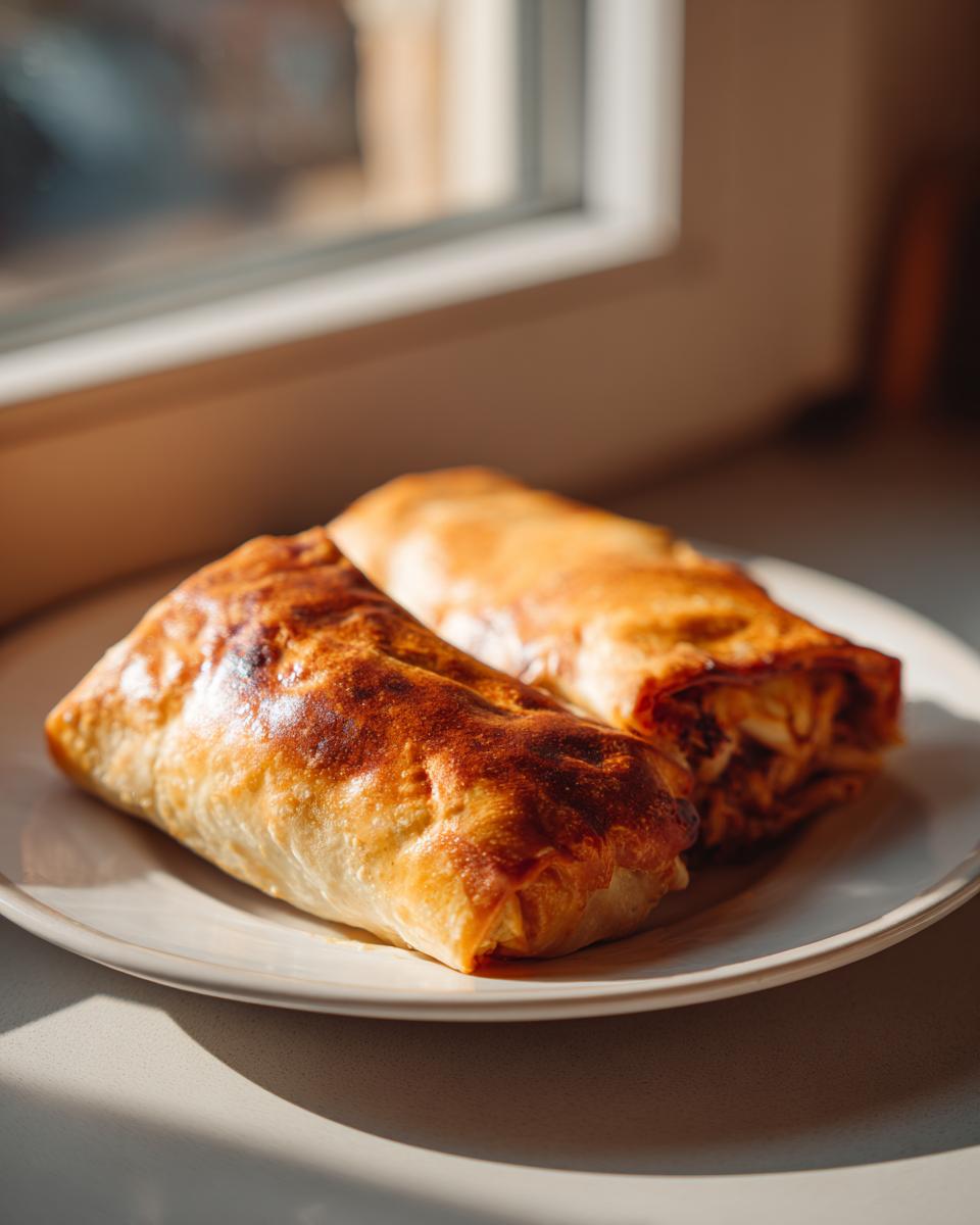 Two golden brown, crispy Baked Chicken Chimichangas resting on a white plate near a window.