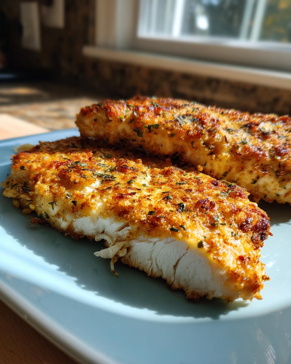 Cross-section view of a juicy baked ranch chicken breast showing the white interior and crispy, golden-brown seasoned crust.
