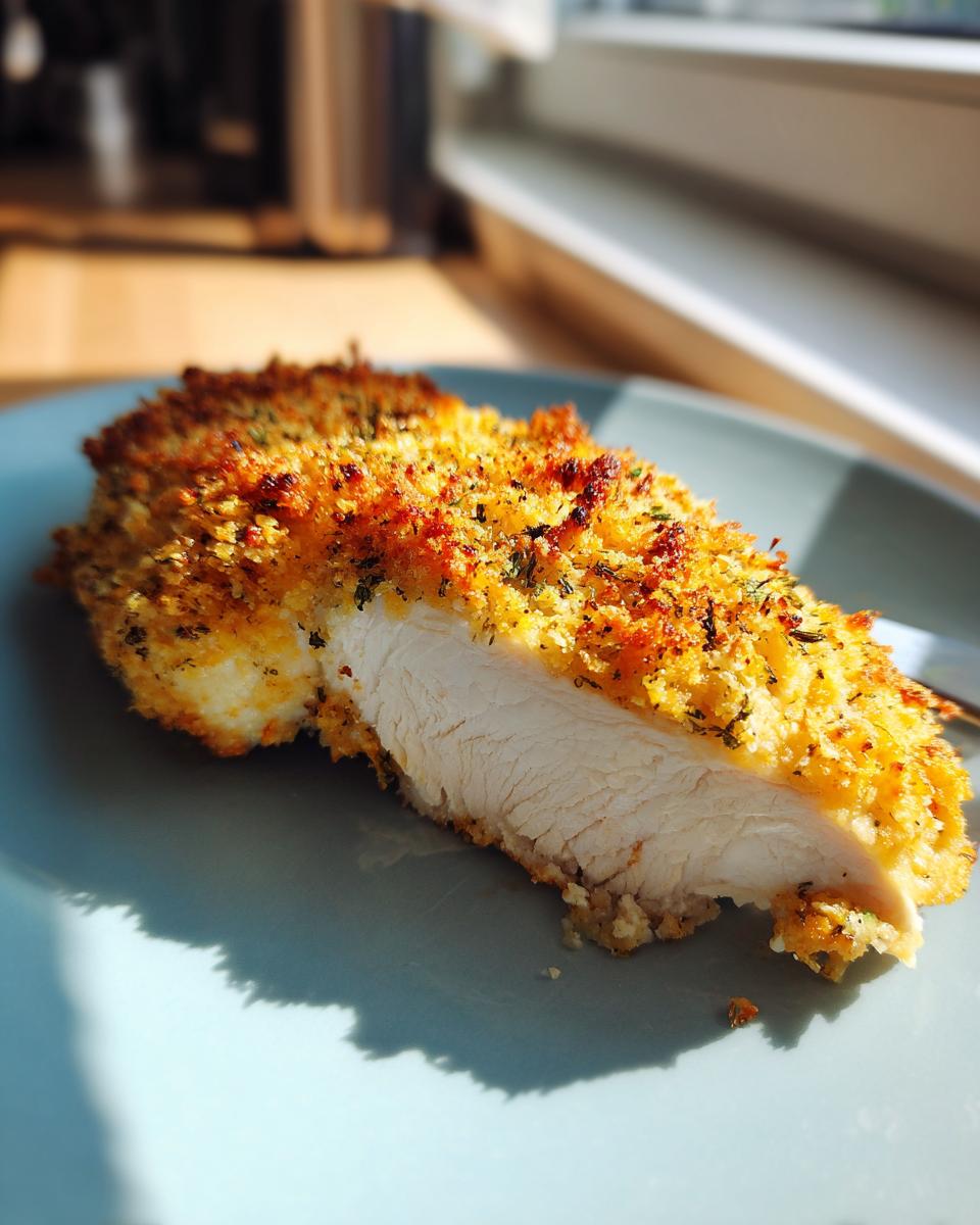 A close-up cross-section of juicy baked ranch chicken showing the white meat and golden, crispy breading.