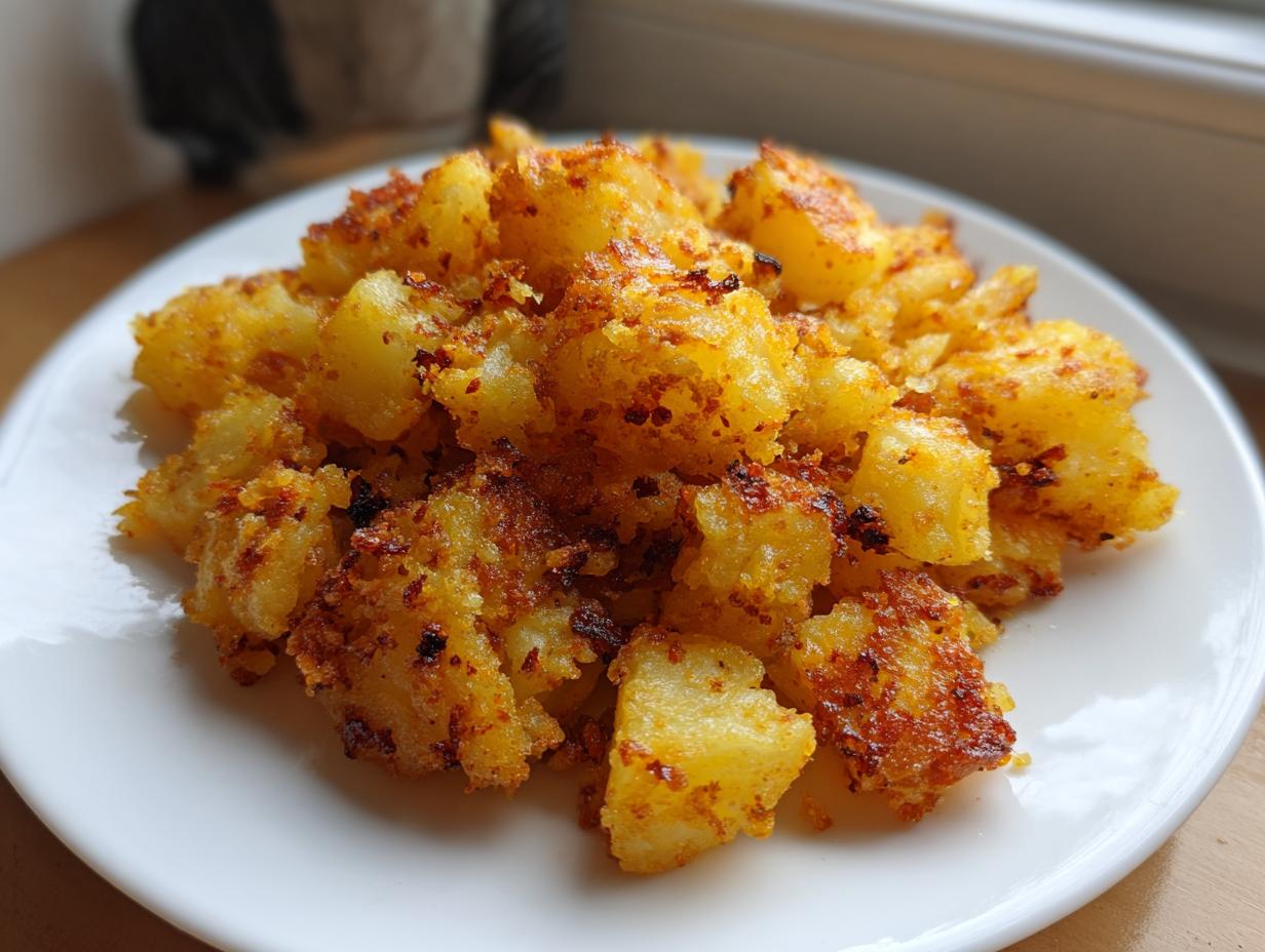 A close-up of perfectly crispy, golden-brown breakfast potatoes piled high on a white plate.