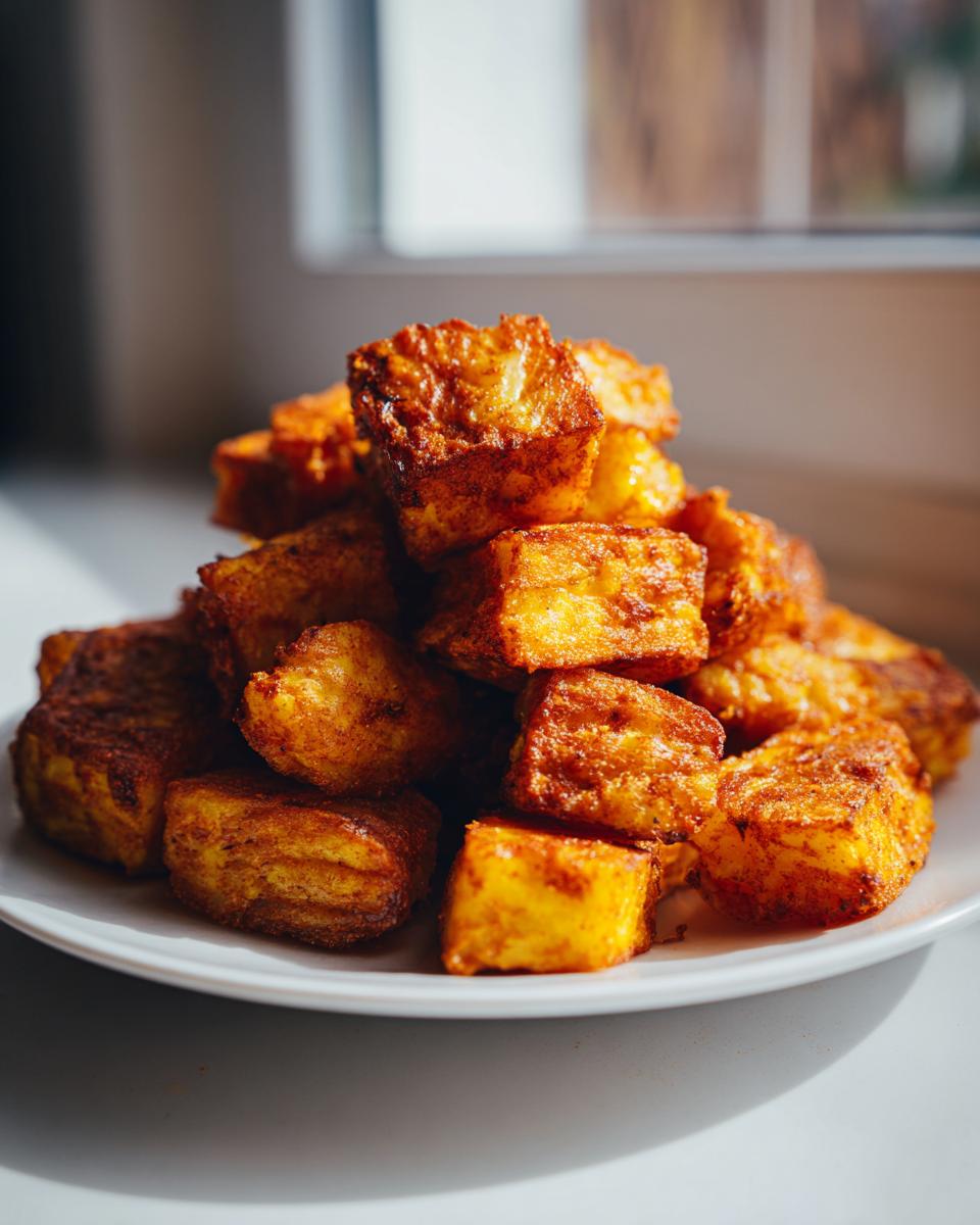 A tall stack of golden brown, crispy breakfast potatoes piled high on a white plate, backlit by a window.