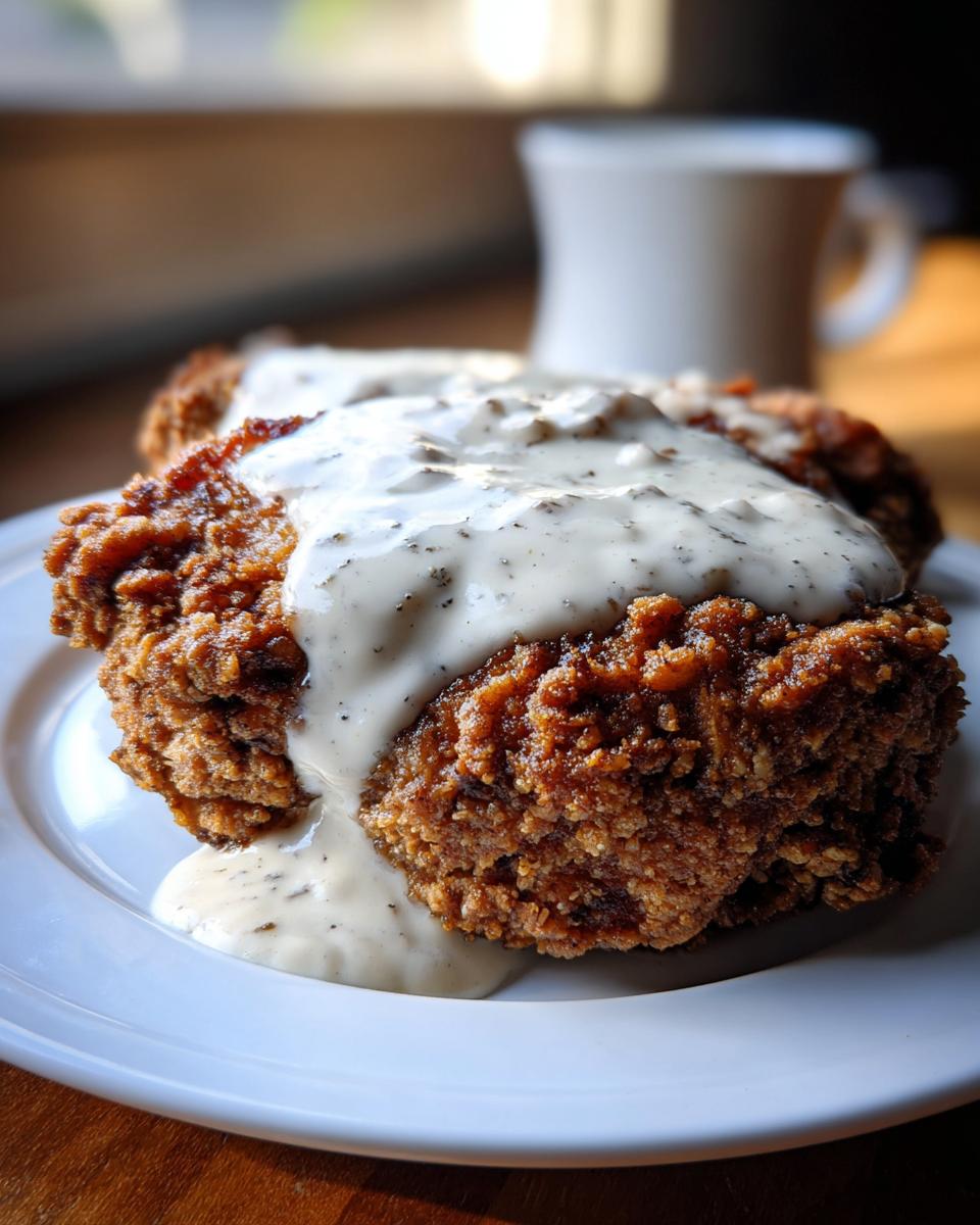A close-up of a perfectly fried chicken fried steak covered in thick, black pepper country gravy on a white plate.