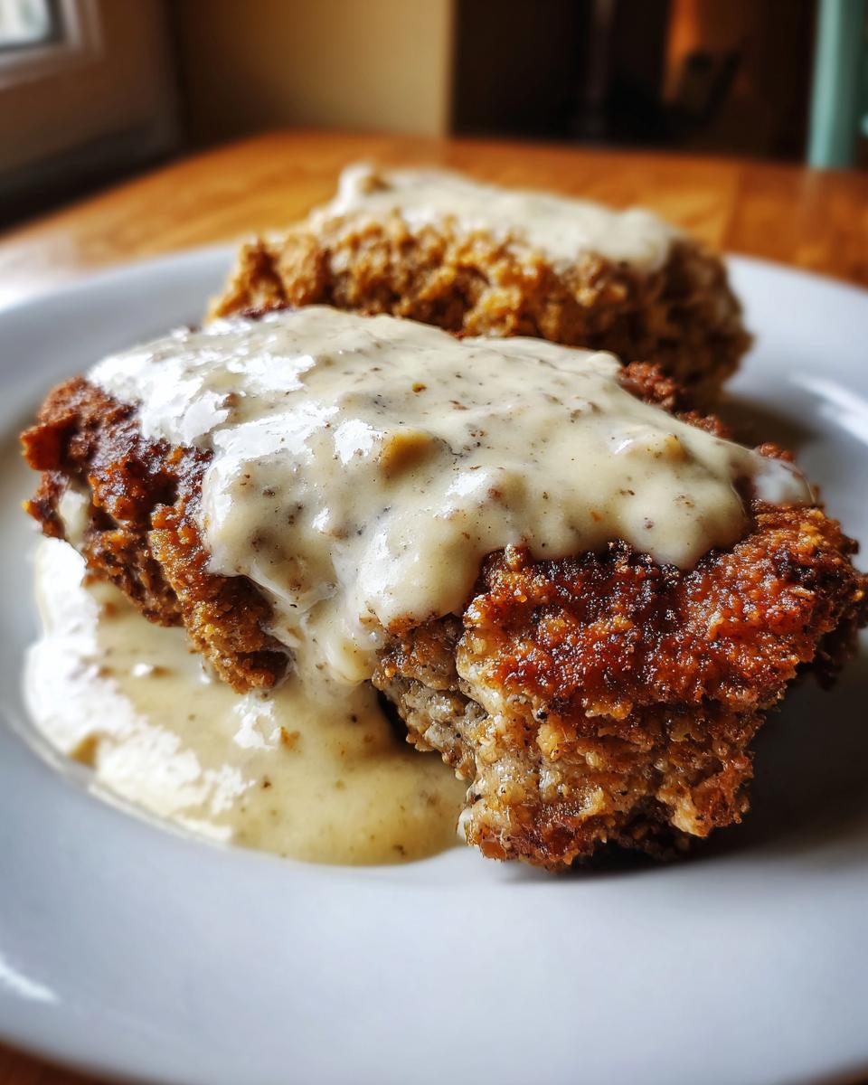 Close-up of two pieces of crispy, golden-brown chicken fried steak smothered in creamy, peppery white gravy.