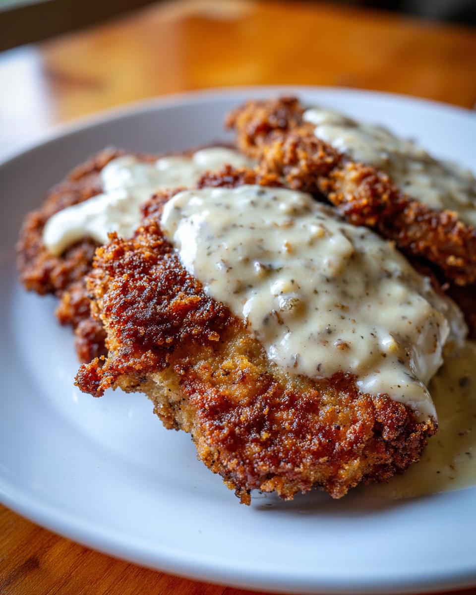 Close-up of two pieces of crispy, golden-brown chicken fried steak smothered in white pepper gravy.
