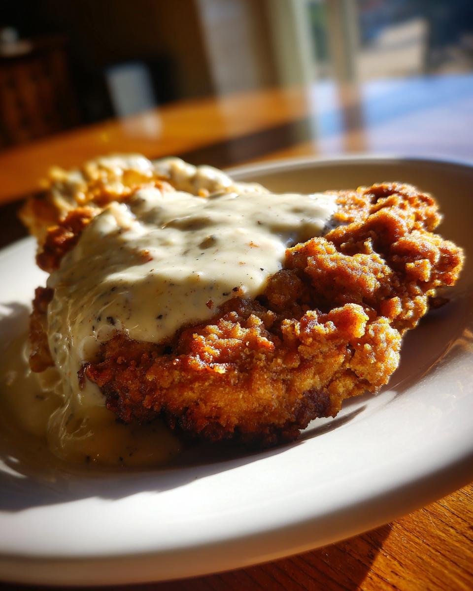A close-up of a perfectly breaded chicken fried steak smothered in rich, black pepper country gravy.