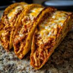 Three crispy, hard-shell chicken tacos filled with shredded chicken and topped with melted white and yellow cheese.