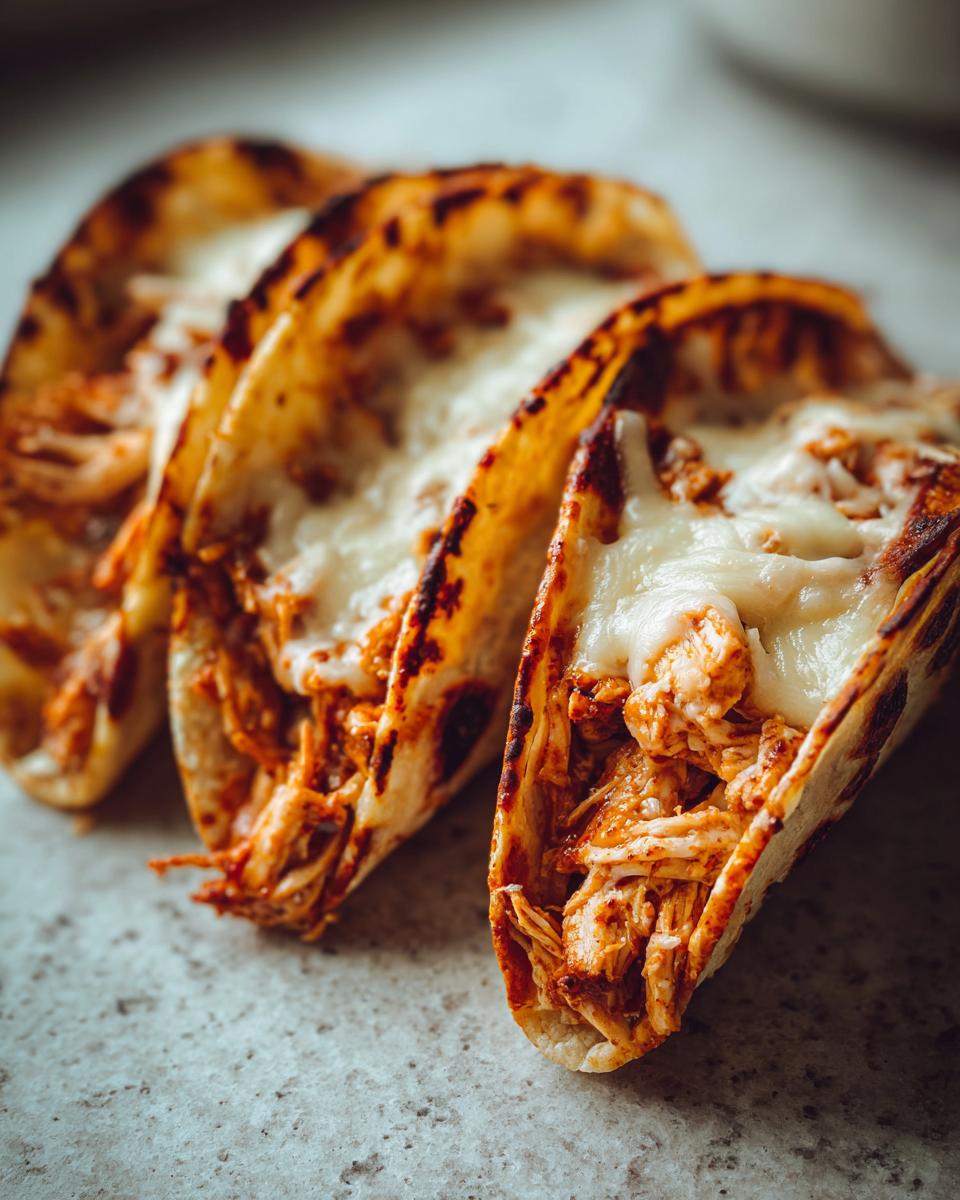 Three crispy, slightly charred shells filled with shredded chicken and topped with melted white cheese, ready to eat chicken tacos.