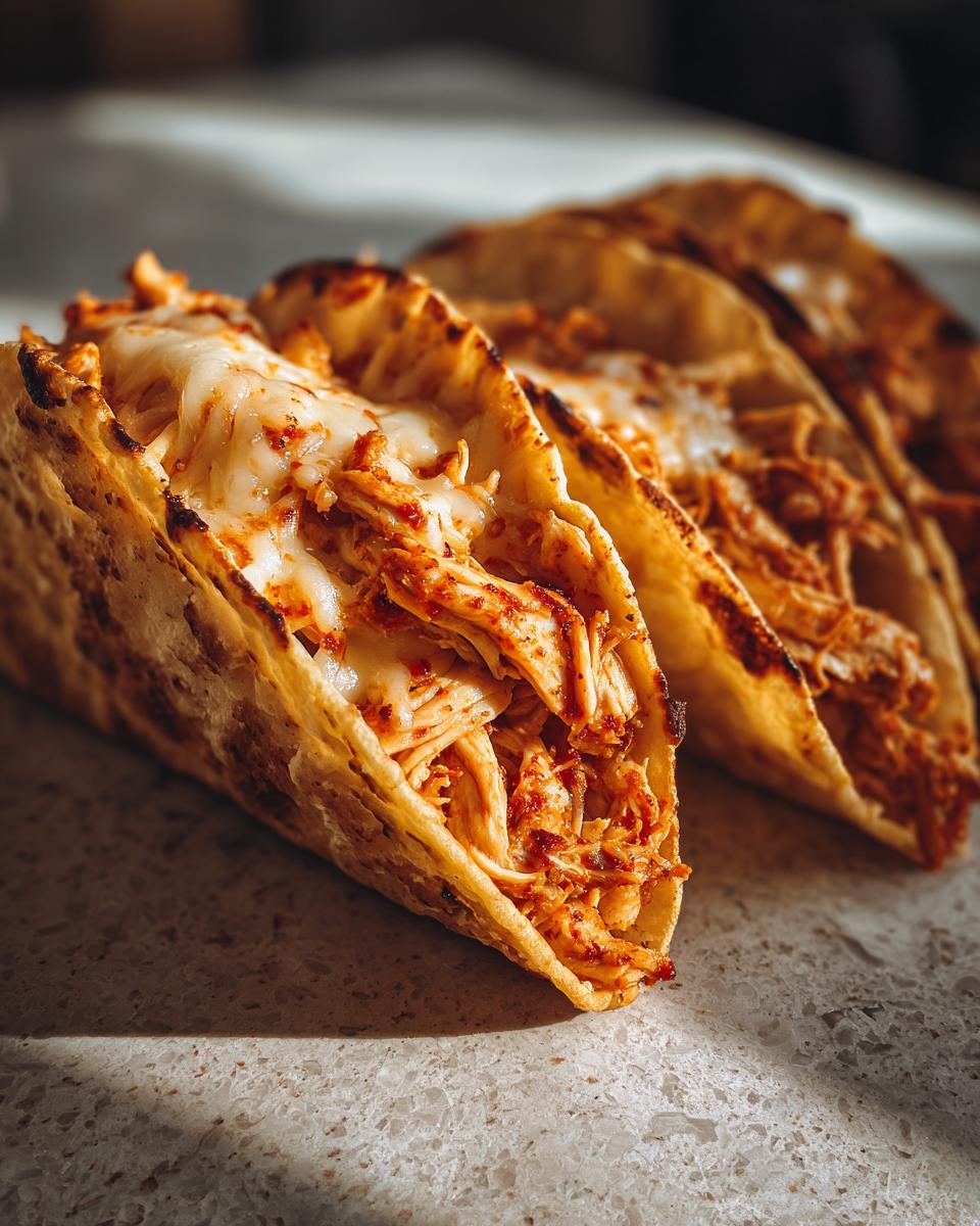 Close-up of crispy, folded tortillas filled with shredded, seasoned chicken and melted white cheese, perfect for fast chicken tacos.